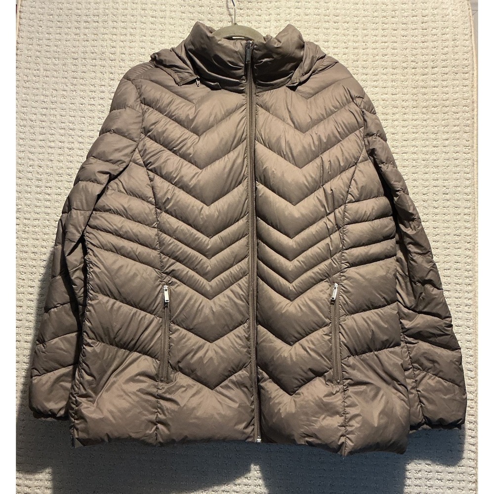 London Fog Lightweight Packable Down Puffer Coat Taupe/Gray Hooded‎ Women's XXL